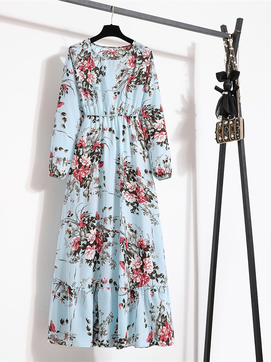 Bohemian Print Casual Party Long Dress with Ruffle Hem, Round Neck, Elastic Waist, and A-Line Silhouette - Lake Blue