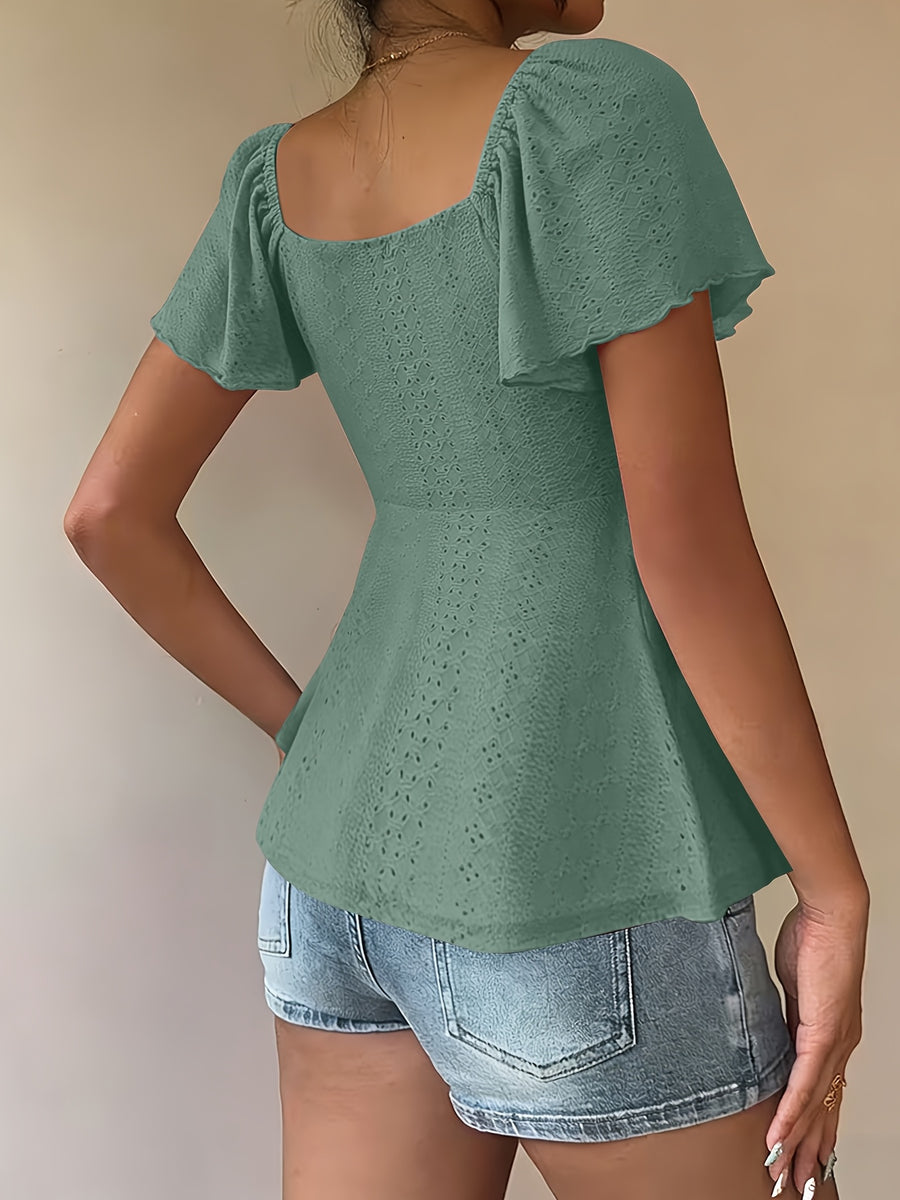 Fashionable and Elegant Spring/Summer New Arrival Y2K Solid Color Jacquard Comfortable and Breathable V-Neck Drawstring Short Sleeve Top Women's T-Shirt - Ocean Green
