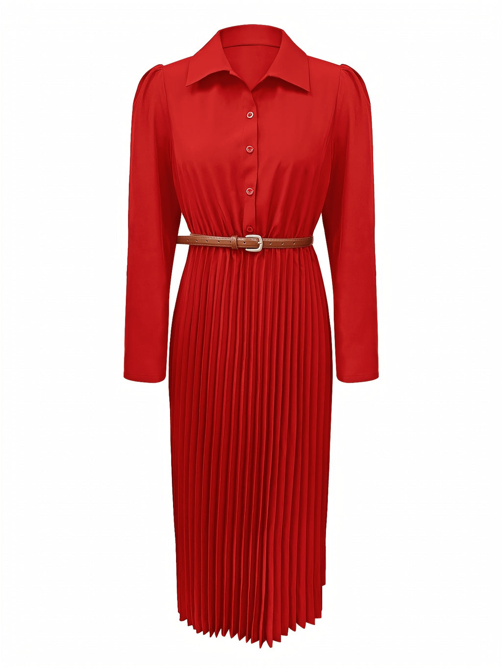 Spring/Autumn Long Sleeve Lapel Elegant Fashion Versatile Ruched Dress with Belt, Women'S - Red