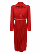 Spring/Autumn Long Sleeve Lapel Elegant Fashion Versatile Ruched Dress with Belt, Women'S - Red