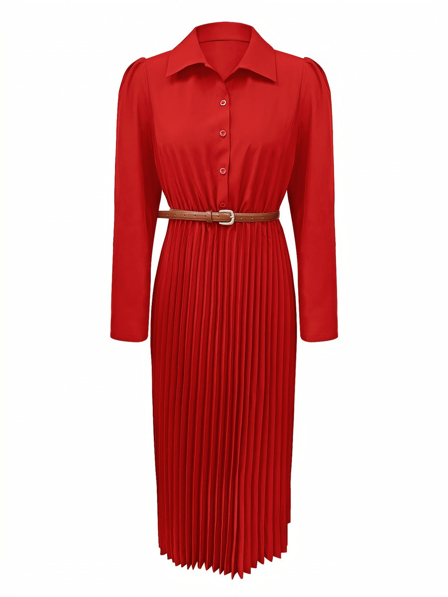 Spring/Autumn Long Sleeve Lapel Elegant Fashion Versatile Ruched Dress with Belt, Women'S - Red