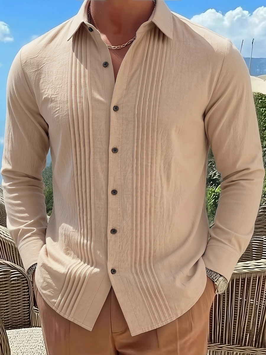 Men'S Fashion Top, Long Sleeve Gualabera Shirt with Pleated Front, Casual Shirt for Vacation, All-Season Casual Style - Khaki