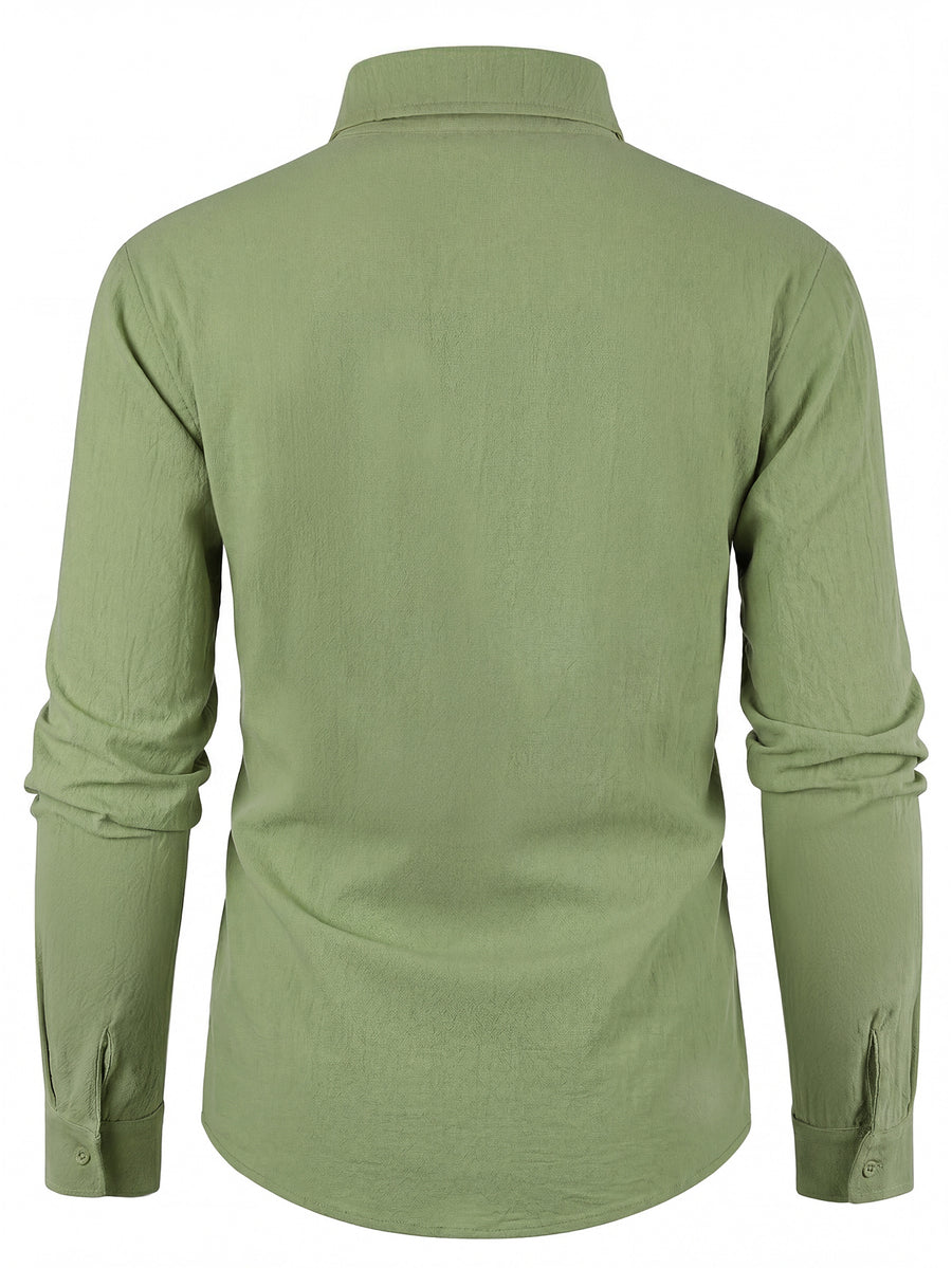 Spring/Autumn New Men's Linen Long-Sleeve Shirt with Lapel and Button-Up Design, Audacious Italic English Print, Casual, Comfortable, and Versatile Men's Top, Men's Cardigan for Daily Commuting, Vacations, and Outings, New Season - Green