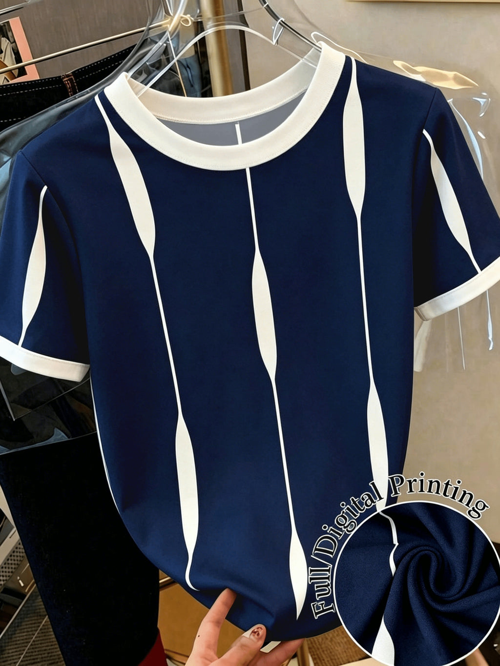 [Printed Design - Not Textured] Women's Casual Color-Block Crew Neck Short Sleeve T-Shirt, Summer Style - Navy Color