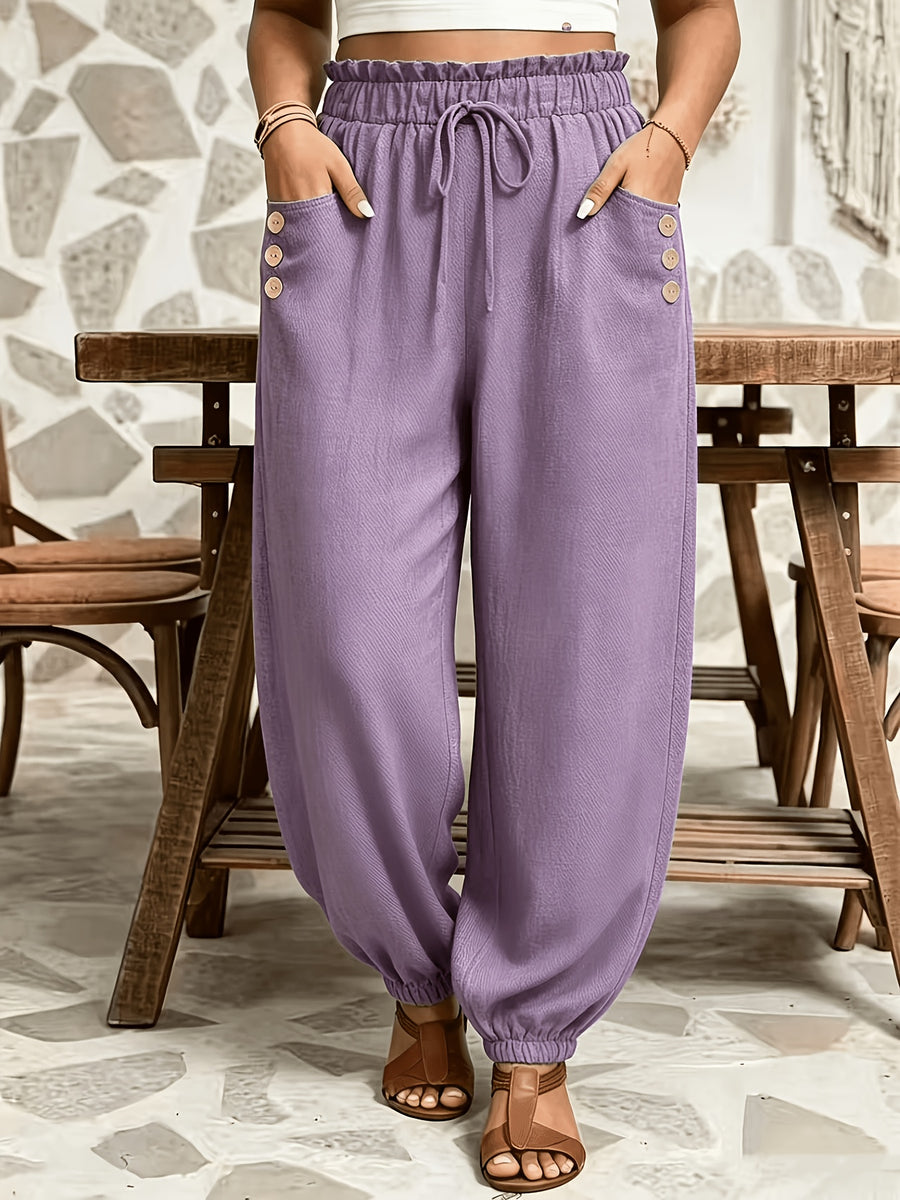 Plus Size - All Seasons Plus Size Beautiful Women'S Casual -Like Rubber High-Waist Scalloped Trim Tie-Pocket Women'S Long Pants, Casual Daily Versatile Vacation Holiday Style - Purple