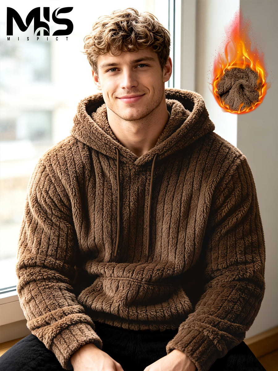Men'S Classic Kangaroo Pocket Hooded Sweatshirt, Fashionable Street Style Wear, Soft And Comfortable Texture, Autumn/Winter Fleece Warm Solid Color Long Sleeve Pullover, Suitable for Casual Daily And Outdoor Activities - Coffee Color