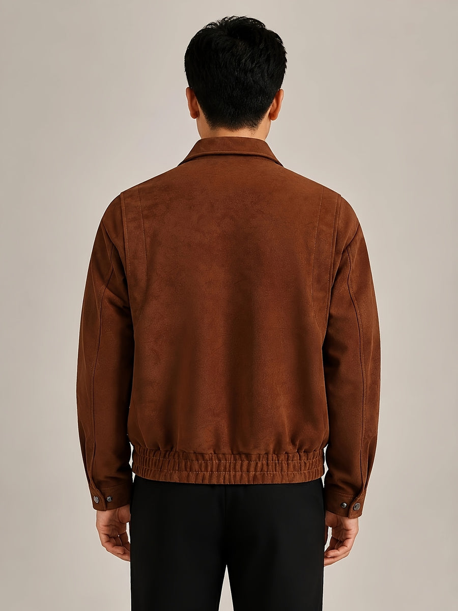 1pc Men's Vintage PU Coated Casual Jacket with Polyester Lining, Classic Turn Collar, Front Zip Closure, Dual Flap Chest Pockets, Snap Cuffs and Elastic Hem for Daily Commute, Campus, Travel, Spring and Fall Wear - Khaki