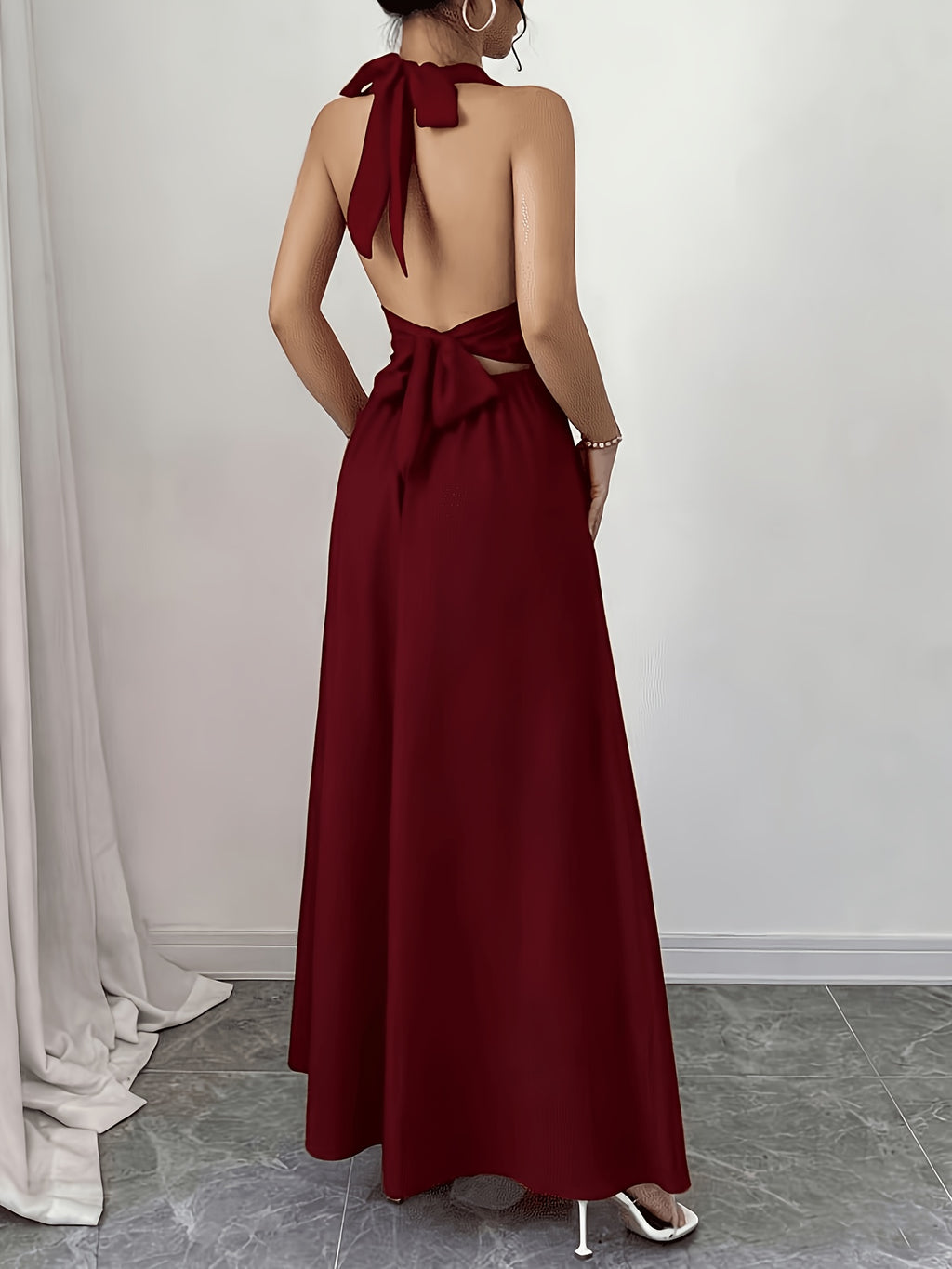 Women's Elegant Solid Color Sleeveless Bow Tie Back Tie Hem Slit Dress - Burgundy