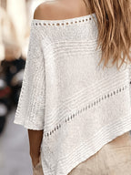 Women'S Hollow-Out Poncho Top, Boat Neck Irregular Hem Summer Beach Cover-Up, Seaside Bohemian Vacation Style Casual Top, Lightweight Breathable Loose Sweater, Mesh Detail Striped Design, Relaxed Layering Style, Suitable for Holiday, Daily Wear - White
