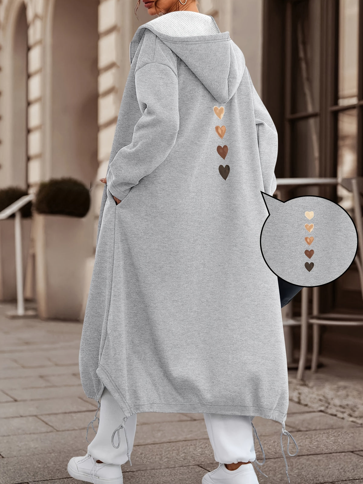 Autumn/Winter Women's Casual Fashion Long Hooded Jacket with Front and Back Gradient Heart Print, Comfortable and Versatile for Daily Commute and Multiple Scenarios - Grey