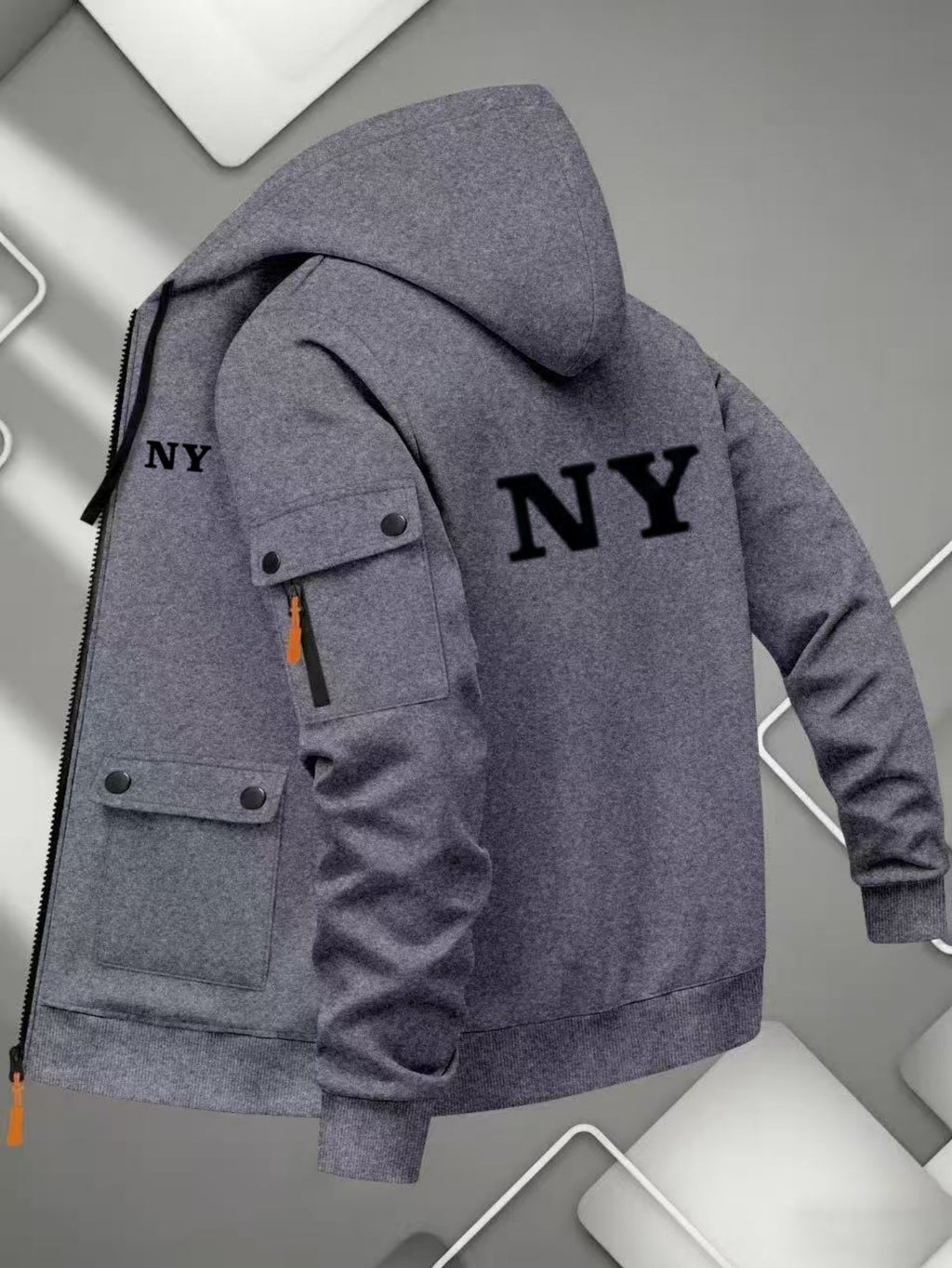 Men'S Basic NY Uppercase Letter Print Cargo Hooded Zipper Cardigan Casual Jacket - Dark Gray