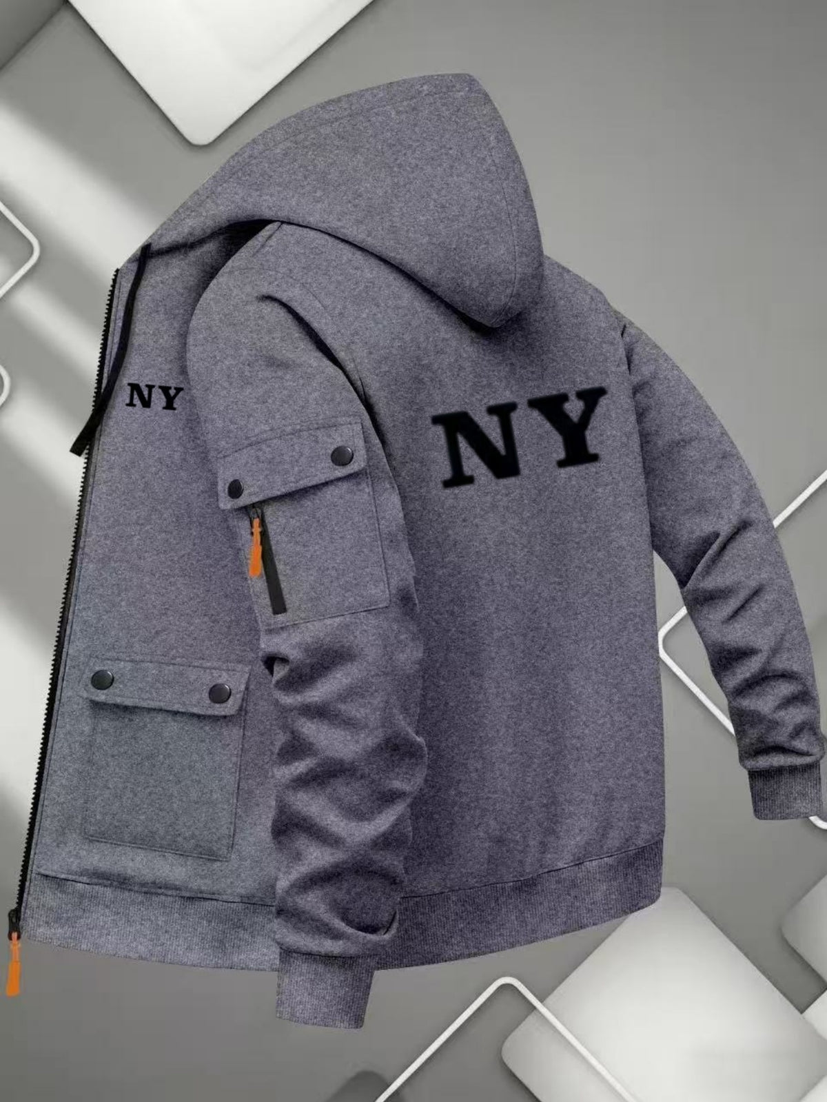 Men'S Basic NY Uppercase Letter Print Cargo Hooded Zipper Cardigan Casual Jacket - Dark Gray