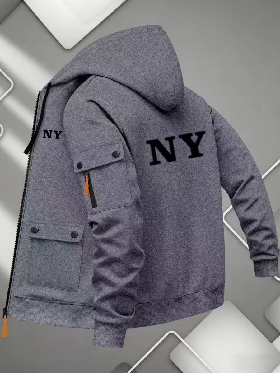 Men'S Basic NY Uppercase Letter Print Cargo Hooded Zipper Cardigan Casual Jacket - Dark Gray