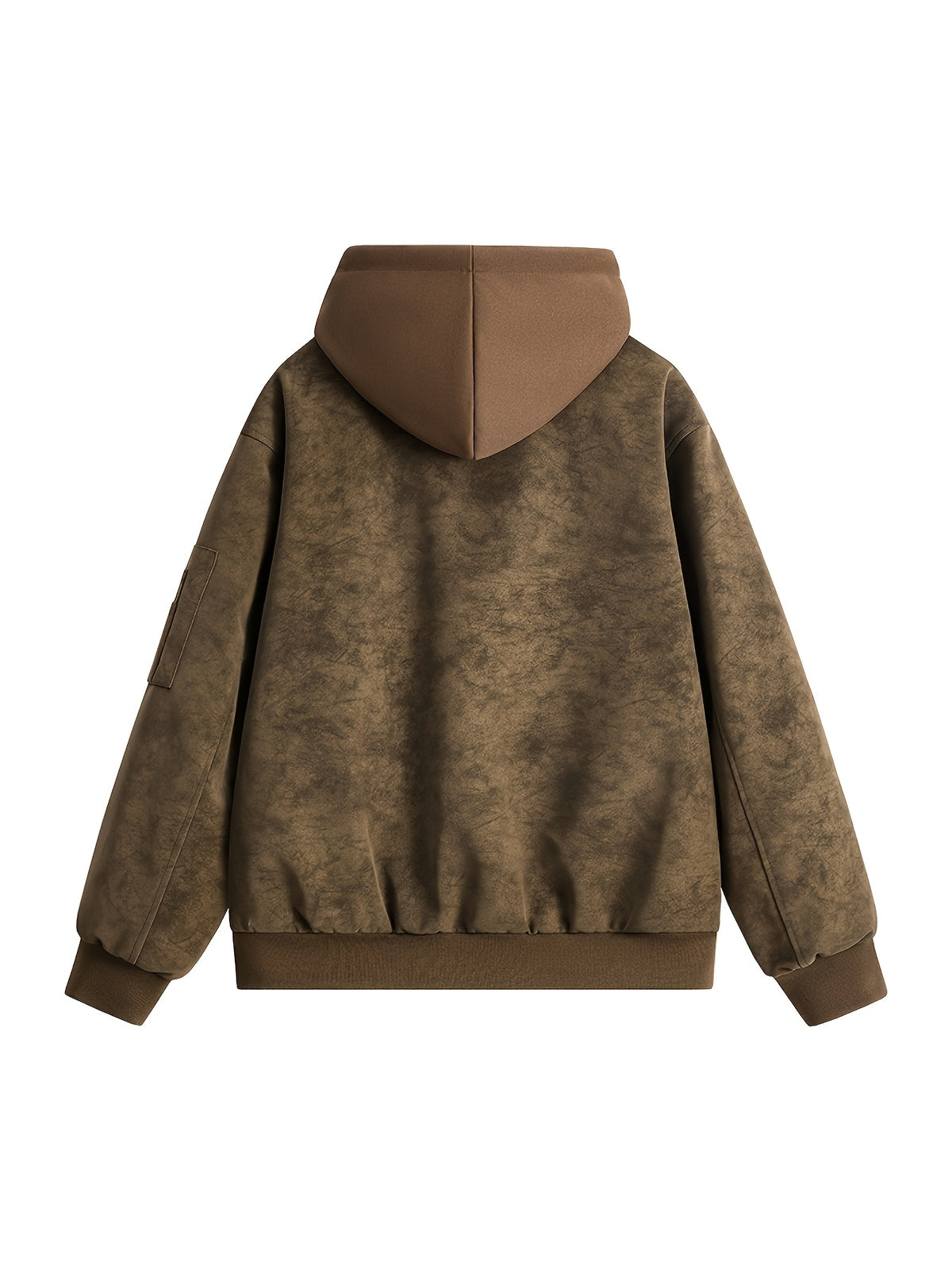 Men's Vintage Washed Layered Hooded Bomber Jacket, Distressed Faux Zip Up Coat, Loose Fit Streetwear Casual Outerwear with Arm Pocket - Coffee Color