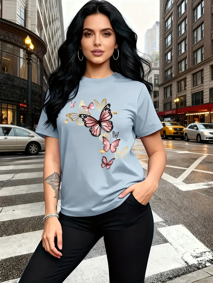 Watercolor Style Butterfly Pattern Print, Fashion Breathable T-Shirt, Family Travel, Campus, Casual, Daily Commute, Sisters' Matching Outfit, Versatile T-Shirt - Light Blue