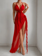 Sexy Plunging V-Neck Backless Long Dress, Elegant Floral Ruffle Split Prom Gown, Hot Exotic Boudoir Loungewear for Women - Red