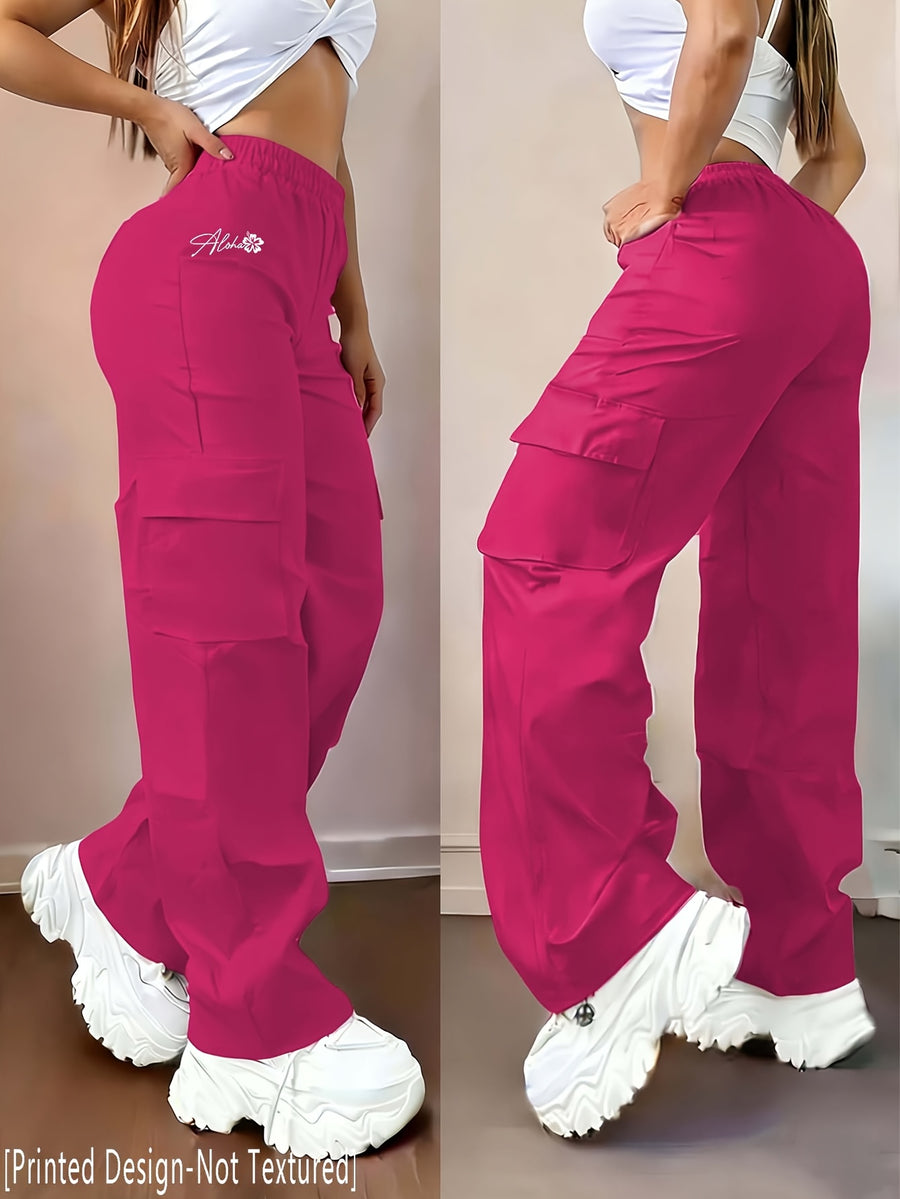 D355- Women'S Casual Pants, Creative Design Floral Print, Fashionable Cargo Pants-Why1526 - Rose Red