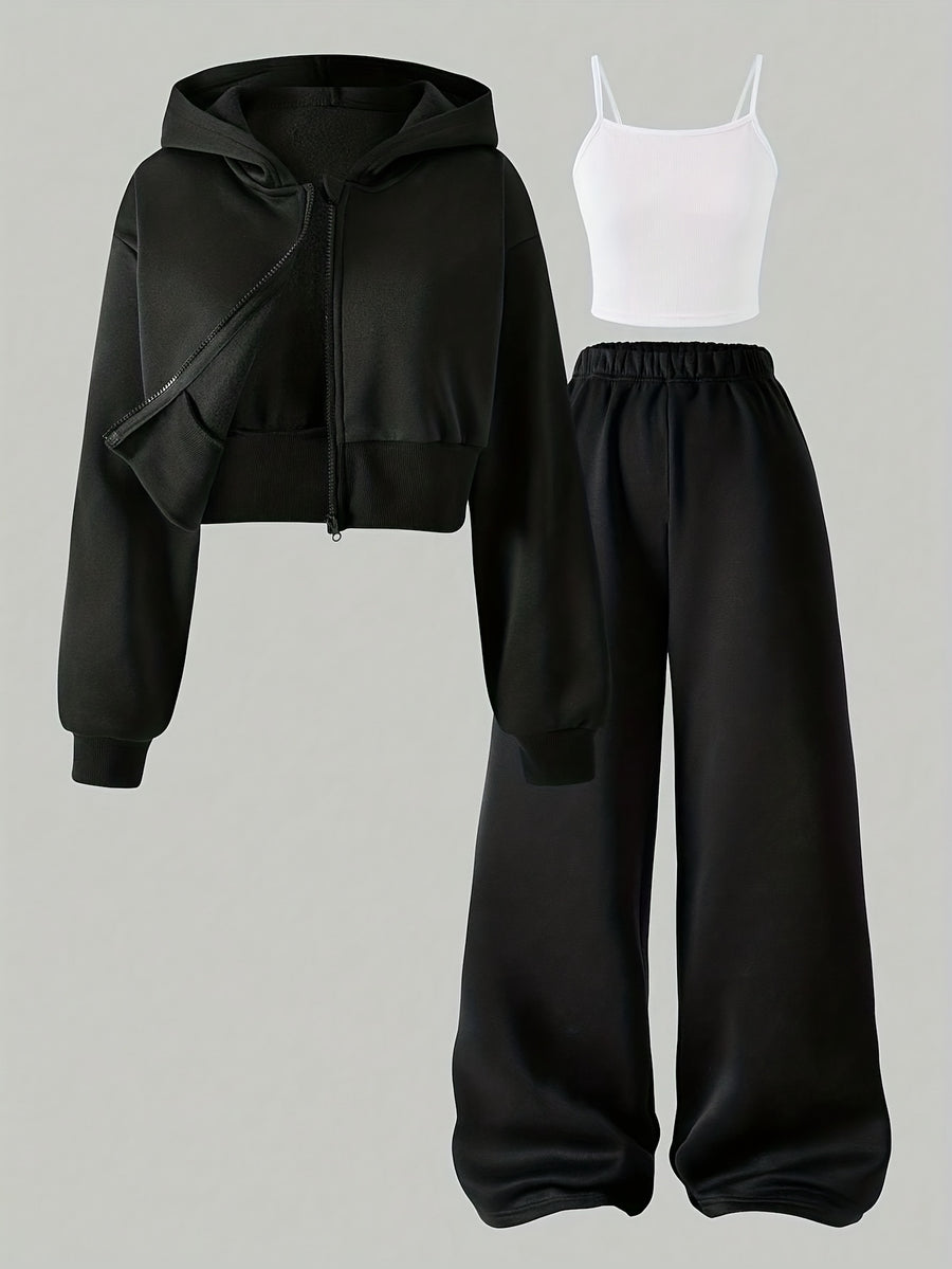 Directional Elegant Casual Hooded Jacket Women'S Pants 3pcs Set - Black