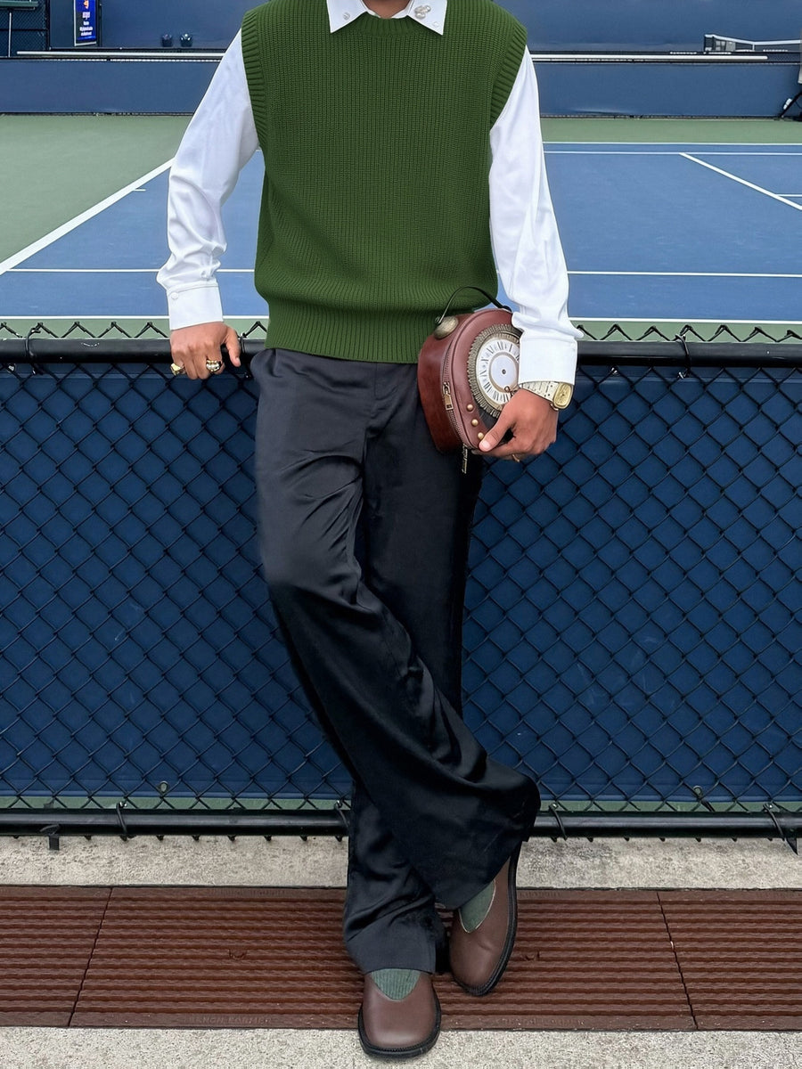 OBM Men' Vintage Sleeveless Knit Vest - Brightening Grass Green Crew Neck Cardigan, Loose Fit Textured Sweater Suitable for Layering Over Shirts, Casual Outerwear for Office, Semi-Formal & Casual Attire - Dark Green
