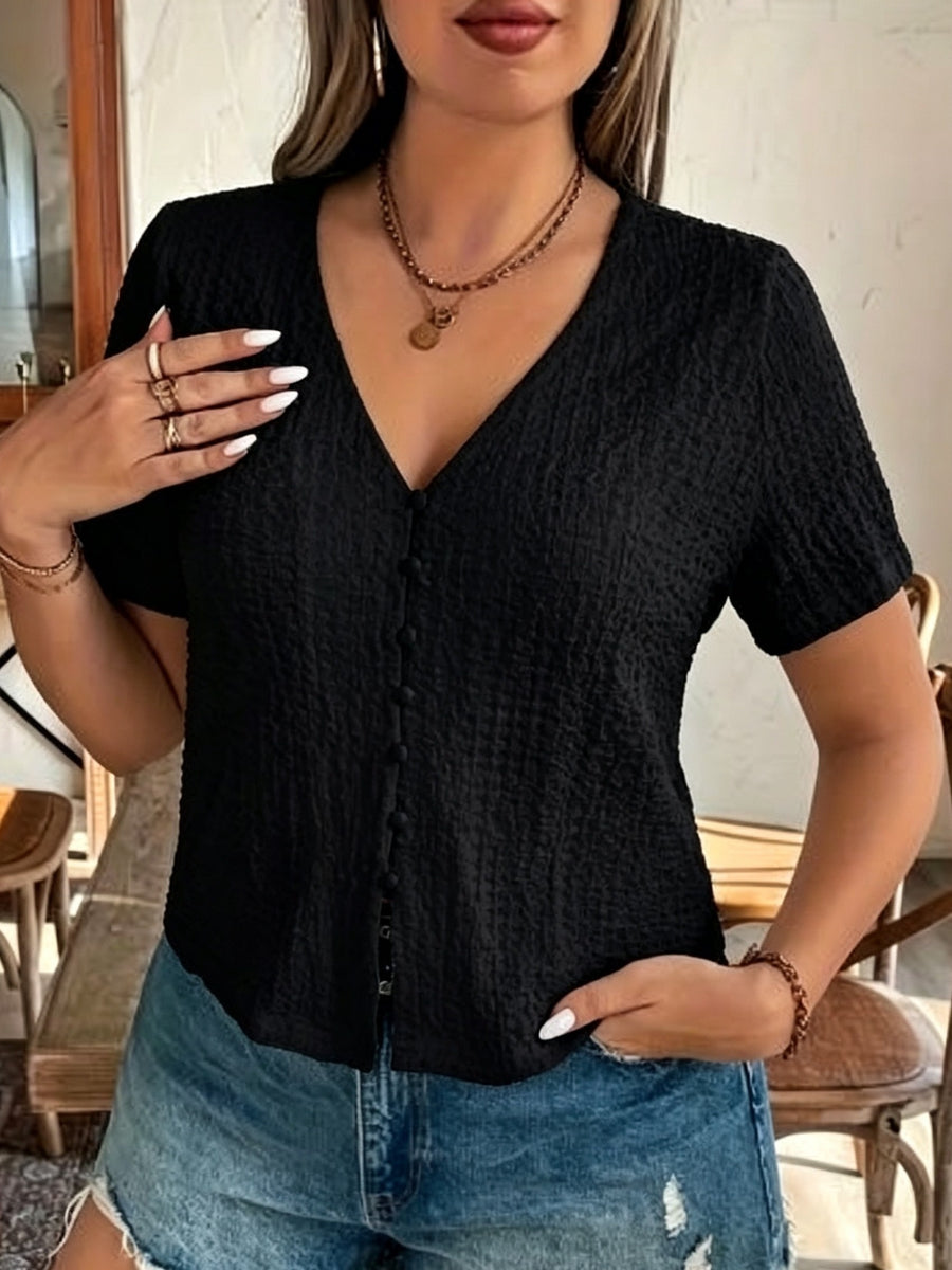 Button- V-neck Shirt - Black