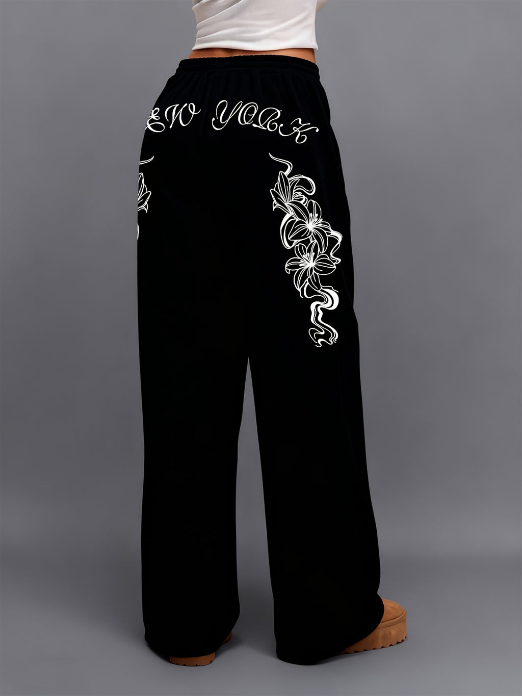 Slant Pocket Joggers Autumn Winter Trendy Brand Letter Print Pattern Straight Leg Trousers American High Street Wide Leg Pants Floor Length Trousers Ins Style Y2K - Black