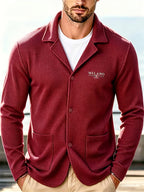 Men'S Spring Autumn New Waffle Check Blazer Collar Cardigan Single Button Double Pocket Business Casual All-Match Long Sleeve Jacket, Knit Soft Comfortable Fashion Solid Color Outerwear Suitable for Daily Outings, Dates, Holidays, And Travel - Wine Red (upgrade)