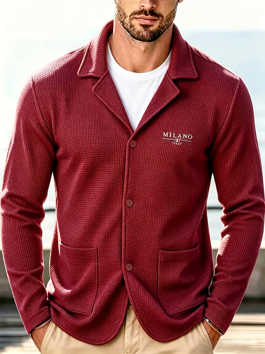 Men'S Spring Autumn New Waffle Check Blazer Collar Cardigan Single Button Double Pocket Business Casual All-Match Long Sleeve Jacket, Knit Soft Comfortable Fashion Solid Color Outerwear Suitable for Daily Outings, Dates, Holidays, And Travel - Wine Red (upgrade)