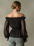 Fashionable Retro Ruffle Brown Off-Shoulder Women'S Chiffon Shirt Suitable for Spring, Summer And Autumn - Black