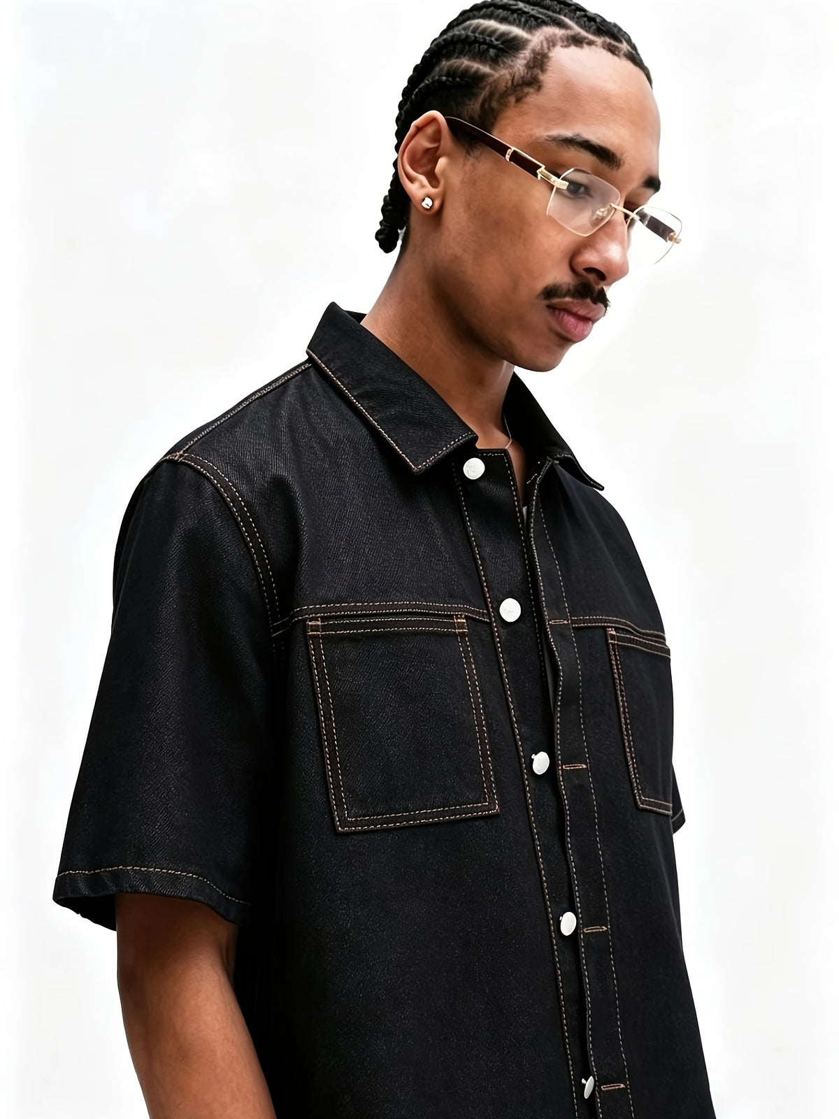 Street Men's Casual Denim Loose Short Sleeved Button up Shirt - Black