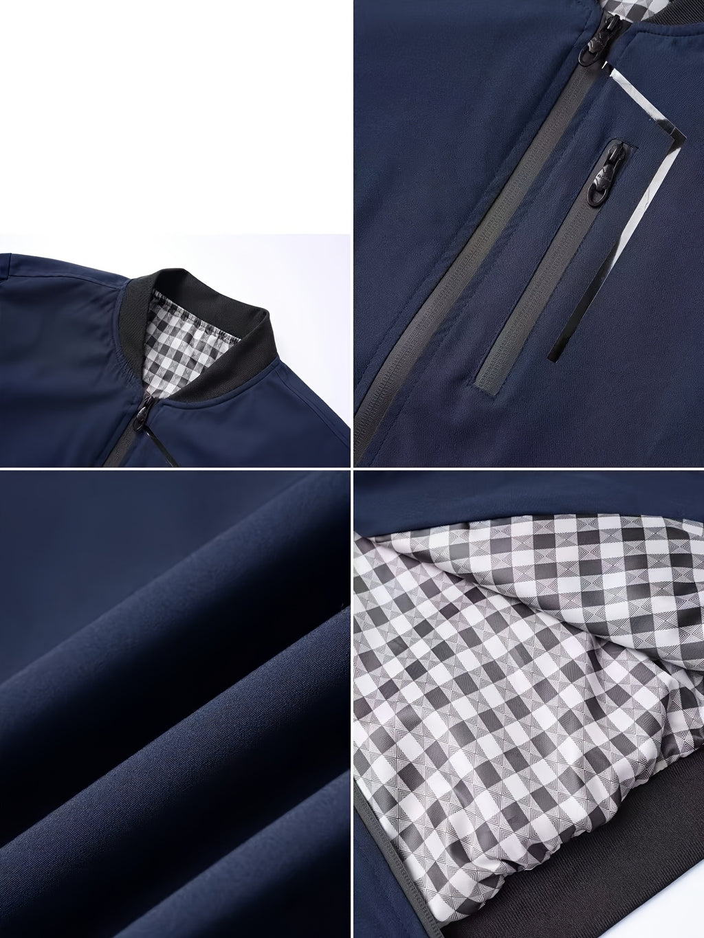 Holiday Gift Choice for Dad 1pc Men'S Black Windproof Solid Polo Metal Zipper Head Slant Pocket Biker Style Spring Autumn Slim Fit Commuter Casual Jacket - Navy Color