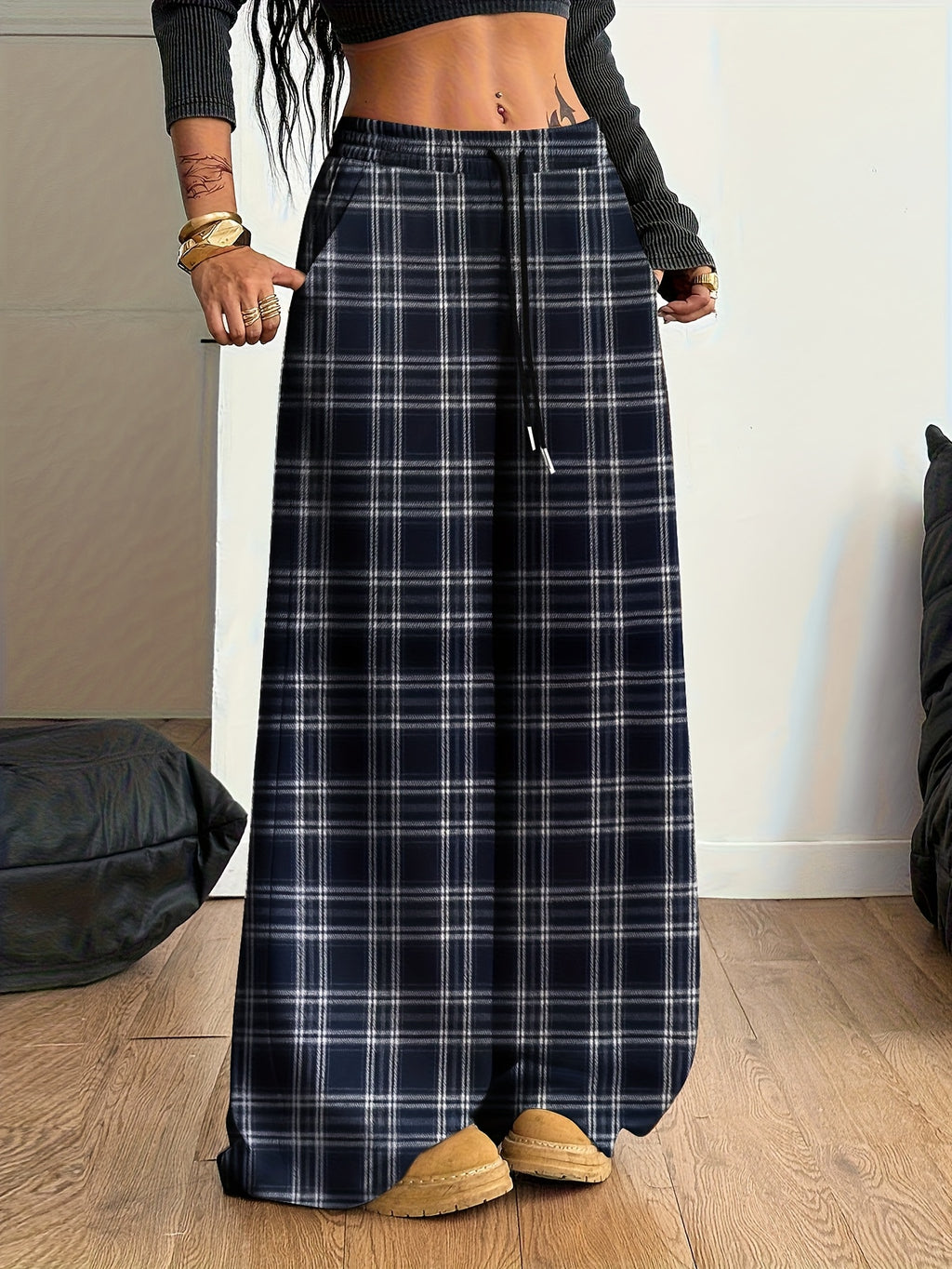Women'S Plaid Wide-Leg Pocket Drawstring Casual Fashion Fall Winter Trousers - Navy Color