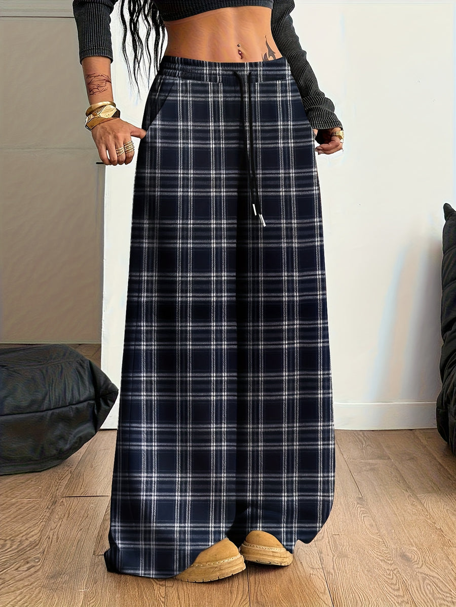 Women'S Plaid Wide-Leg Pocket Drawstring Casual Fashion Fall Winter Trousers - Navy Color