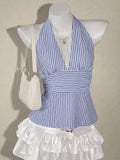 Women's Elegant Printed Striped Halter Neck V-Neck Backless Waist-Cinching Crop Top, Suitable for Dates, Parties, Gatherings, Beach Vacations, and Daily Commutes - Mixed colors