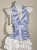 Women's Elegant Printed Striped Halter Neck V-Neck Backless Waist-Cinching Crop Top, Suitable for Dates, Parties, Gatherings, Beach Vacations, and Daily Commutes - Mixed colors