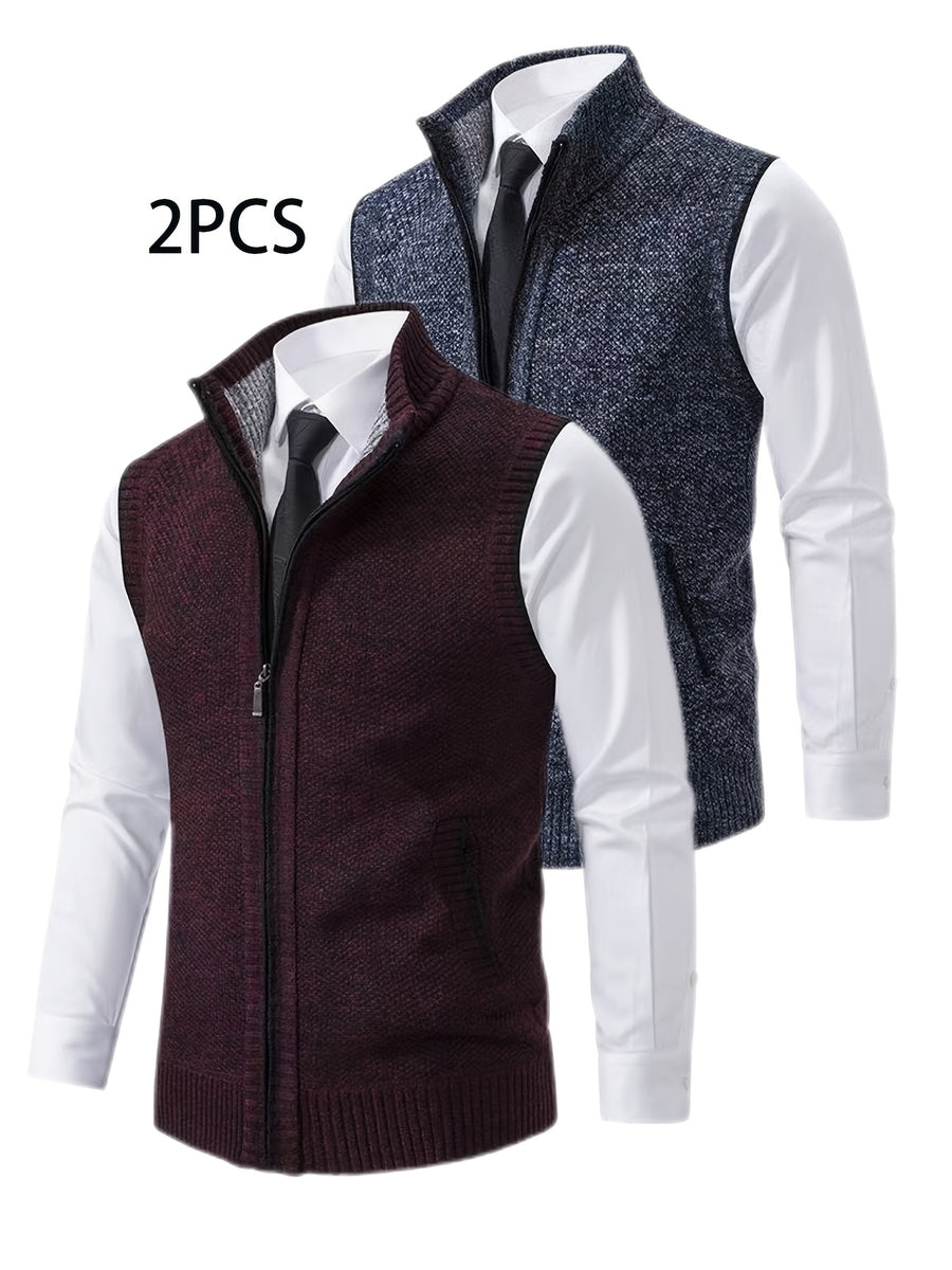 2pcs Set of Spring And Autumn Knit Sweaters, Zippered Cardigans with Real Pockets, Solid Color, Unisex Vests - E7015H+L