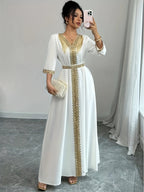 Retro Color Block Stitching V-Neck Dress - White