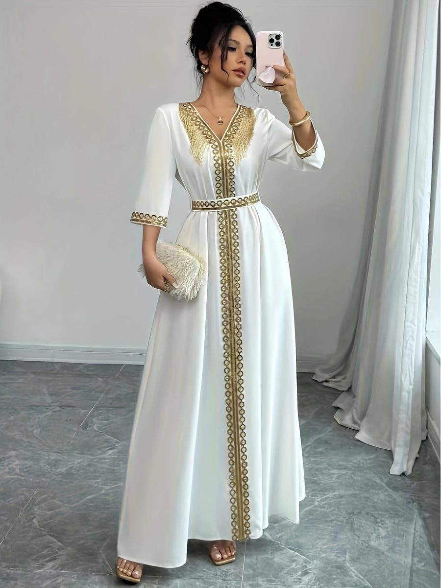 Retro Color Block Stitching V-Neck Dress - White