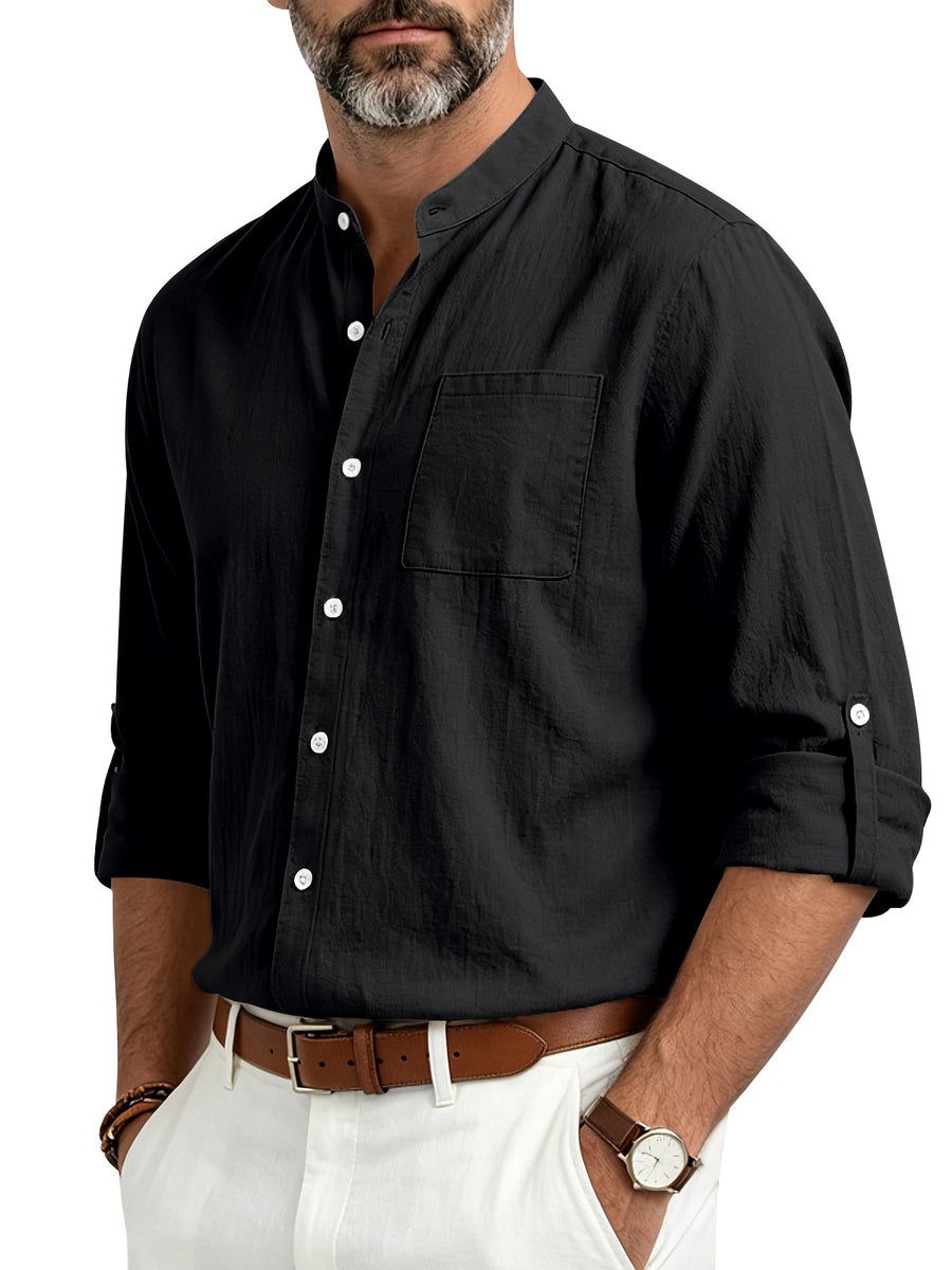 Men's Spring/Autumn Linen Loose-Fit Casual Simple Breathable Button-Front Roll-Up Sleeve Long-Sleeve Stand Collar Shirt - Black