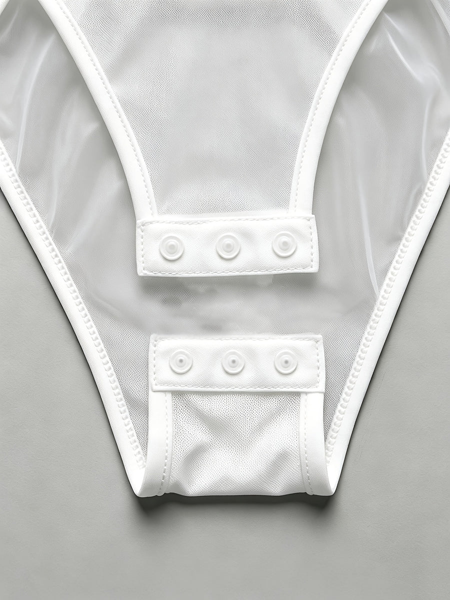 Women's Sexy Net-sheer Long-sleeved 1pc Dress, Women's Fitted Round-neck Undergarment That Can Be Worn as a Close-fitting Outerwear Over a Fitted 1pc Top. - White