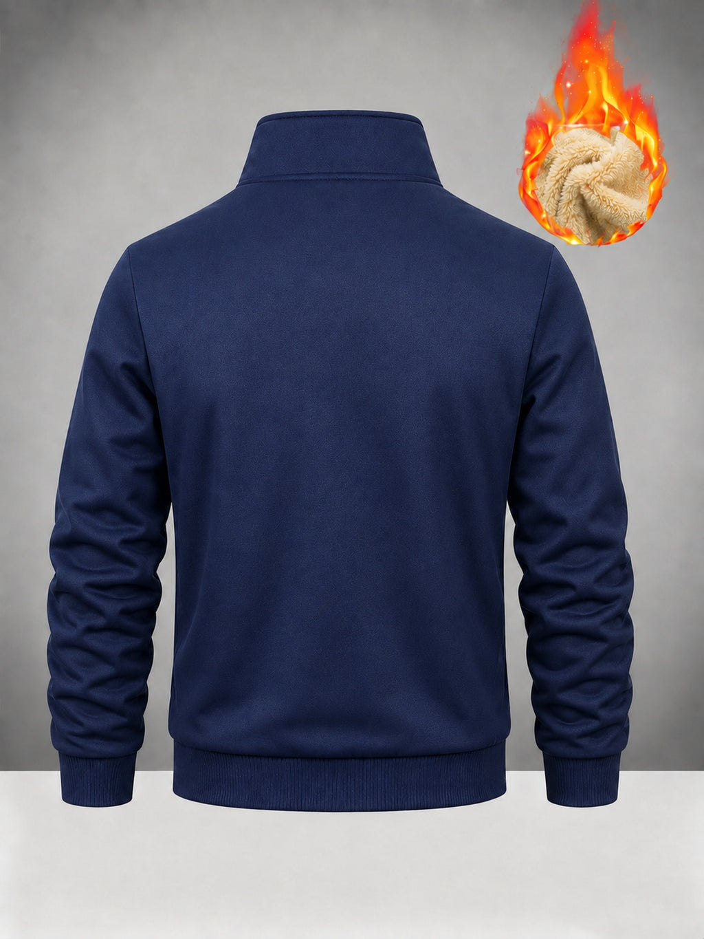 Men'S Fleece Lined Full Zip Jacket, Warm Stand Collar Long Sleeve Sweatshirt, Casual Winter Coat with Pockets - Navy Color