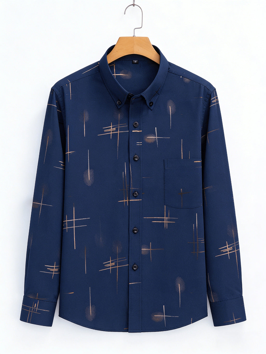 Men'S Long-Sleeve Shirt with Bronzing Print, Business Casual Wrinkle-Resistant Shirt, Light Luxury Versatile Top for Middle-Aged And Young Men - Navy Color
