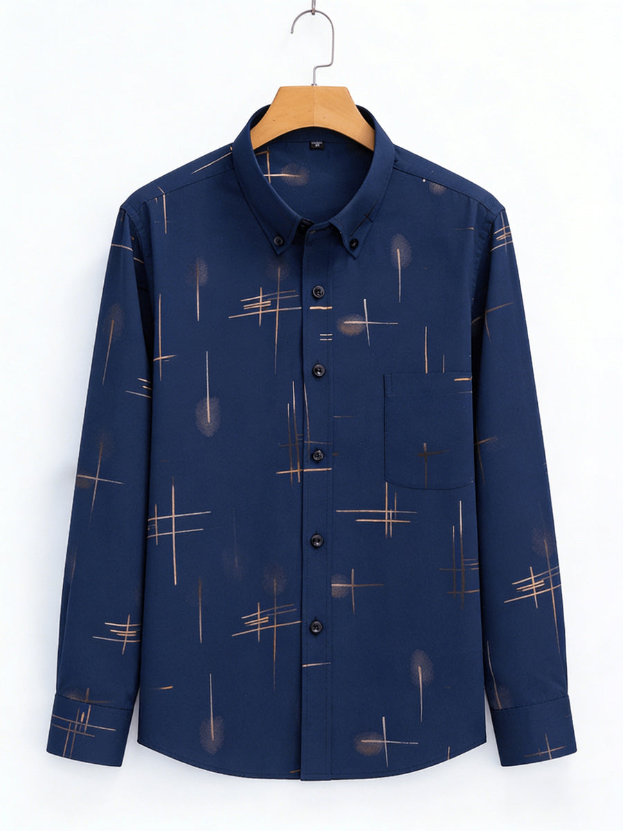 Men'S Long-Sleeve Shirt with Bronzing Print, Business Casual Wrinkle-Resistant Shirt, Light Luxury Versatile Top for Middle-Aged And Young Men - Navy Color