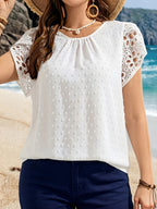 New Fresh Vacation Style, Swiss Dots, Grommet Cuffs, Lace Trim Patchwork, Soft and Comfortable - White