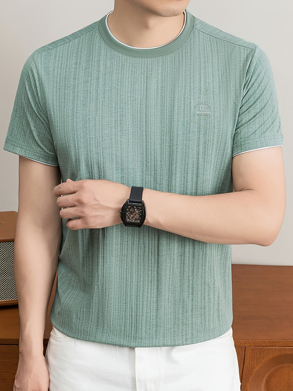 Summer New Men'S T-Shirt, Fashionable Trendy Faux Two-Piece Round Neck Short Sleeve T-Shirt for Men, Business Casual Mid-Age Men'S Solid Color Top, Suitable for Daily Work Scenarios, Men'S Gift - Green