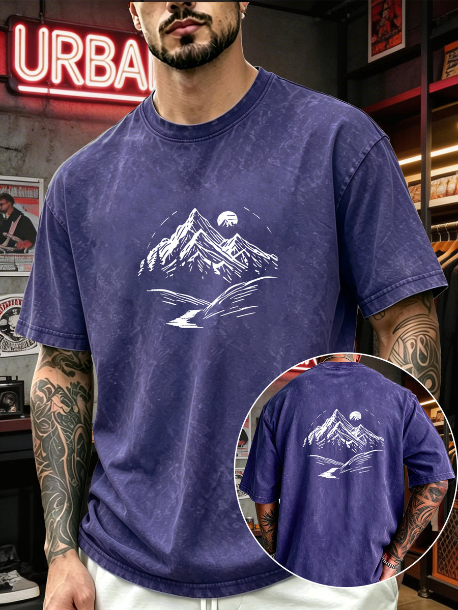 Men's Heavyweight T-Shirt Washed Distressed Fashion Print 2026 Summer New Urban High Street Hiphop Style Vintage Acid Wash Casual Gym Workout Top Pure Cotton Breathable Base Shirt - Royal Blue