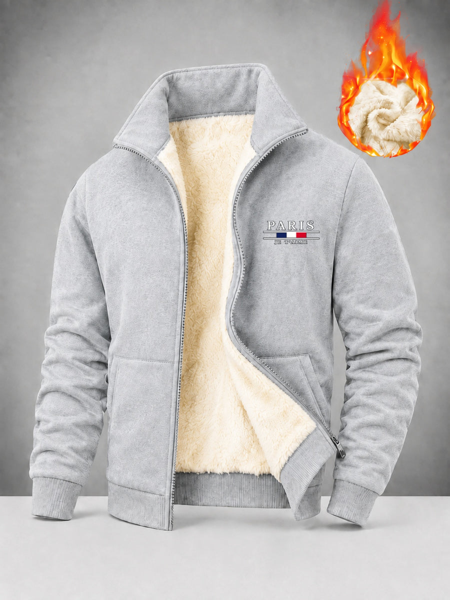 Men'S Fleece Lined Full Zip Jacket, Warm Stand Collar Long Sleeve Sweatshirt, Casual Winter Coat with Pockets - Light Grey