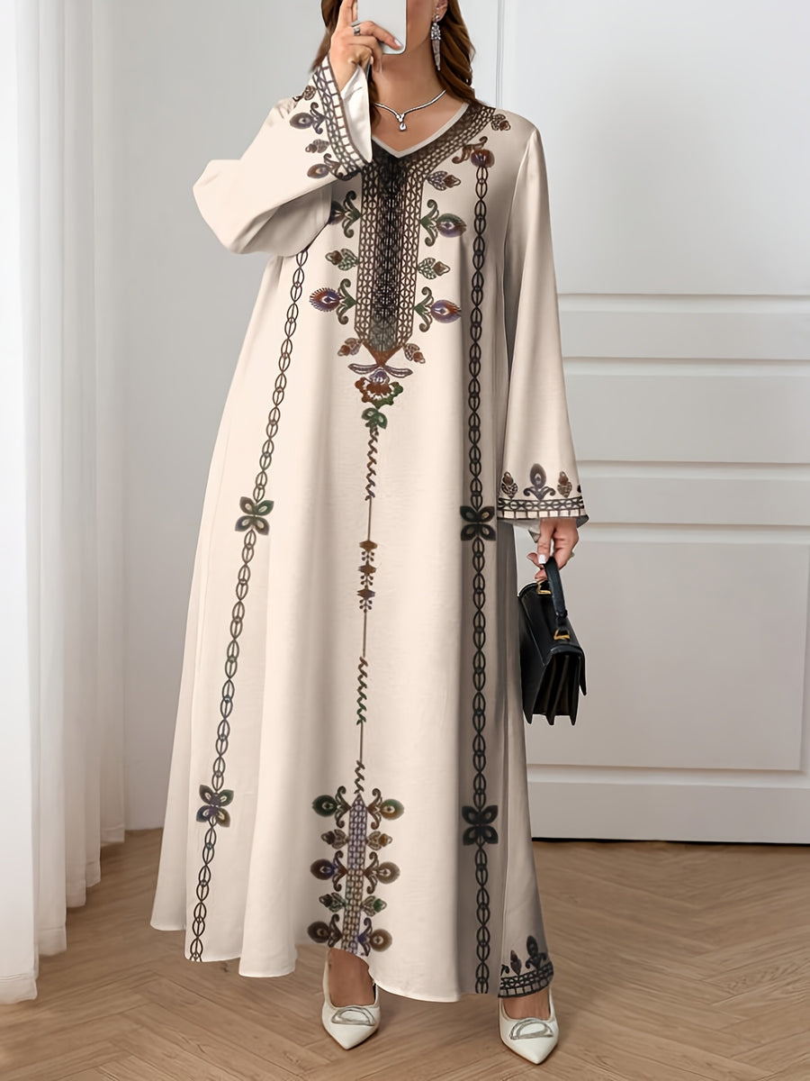 Newly Arrived Elegant Robe for The Middle Eastern Style in 2026, Featuring Ethnic Prints And a Long Skirt Suitable for Ramadan, Eid Al-Fitr, And Eid Al-Adha. This Loose And Comfortable Long-Sleeve Dress Is Perfect for Commuting And Vacationing - Apricot