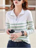 Women's Casual Collar Long Sleeve T-Shirt - Contrast Stripe Color Block Design, Half-Zip Front, Regular Fit Spring/Fall Top, Seasonal Fashion, Colorblock Style, Quality Casualwear - Green Stripes
