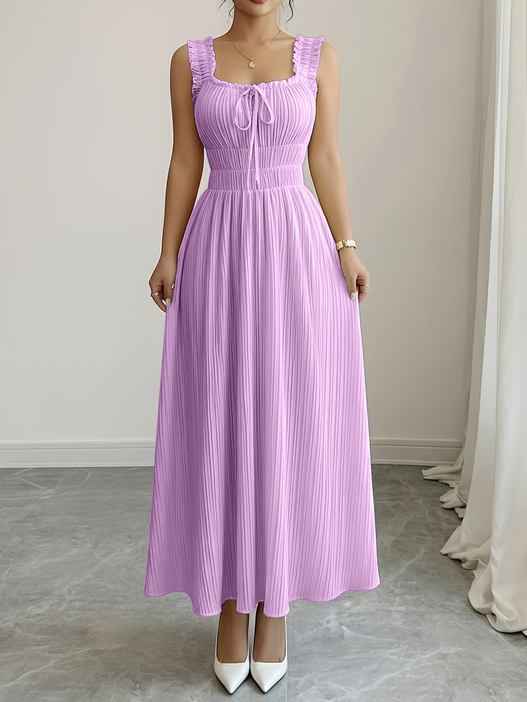 Women'S Spring Summer New Temperament Elegant Solid Texture Fabric Square Neck Tie-Belt A-Line Dress - Light Purple