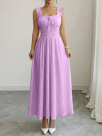 Women'S Spring Summer New Temperament Elegant Solid Texture Fabric Square Neck Tie-Belt A-Line Dress - Light Purple
